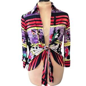 Vintage Mishca Tie Front Popover Blouse Size Medium 3/4 Sleeves Abstract Print